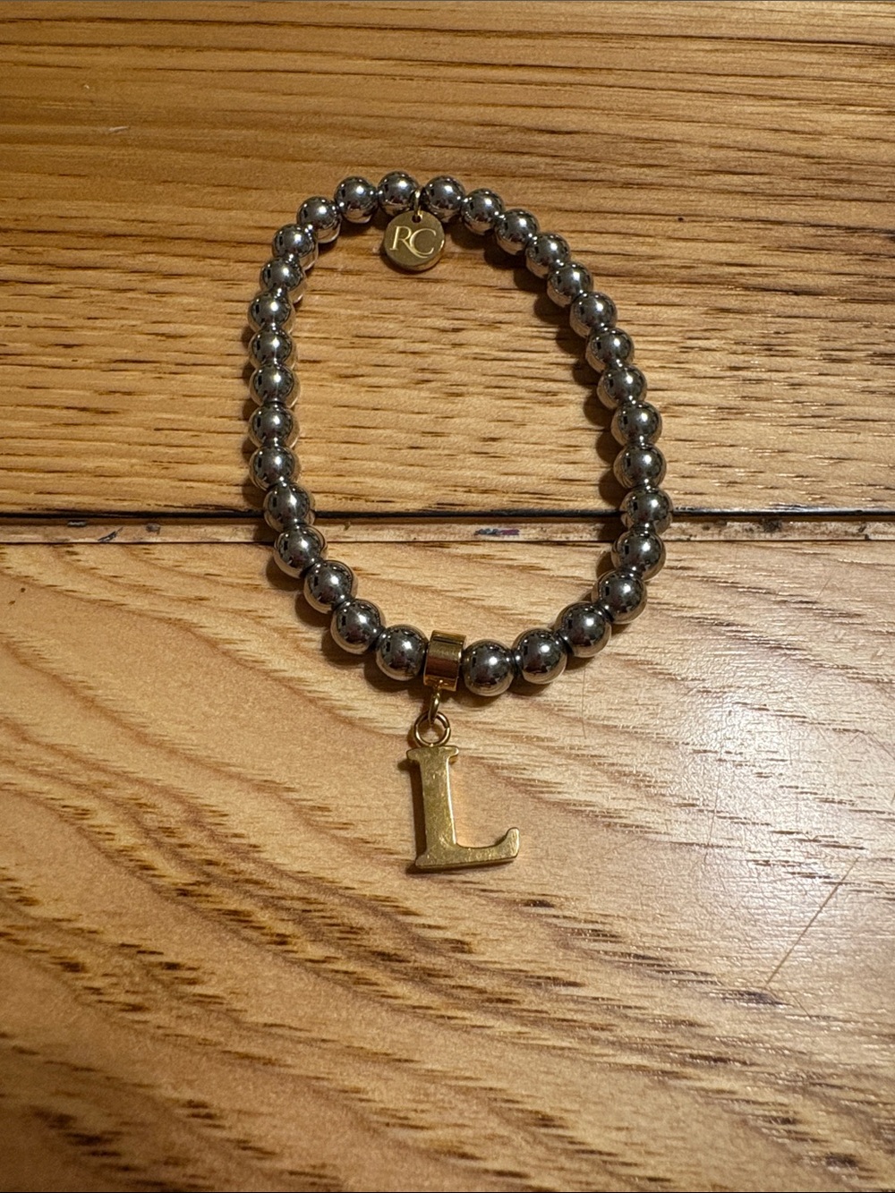 Rustic Cuff Silver Beaded Bracelet with Gold 'L' Charm